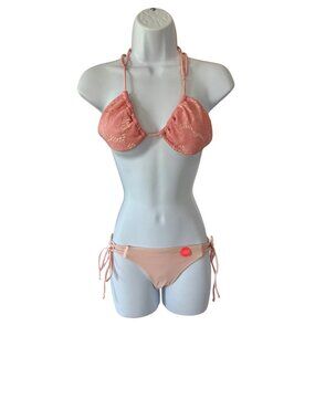 Forever 21 Bikini Set Coral Lace Halter Top & Tie-Side Bottoms Small NEW NWT